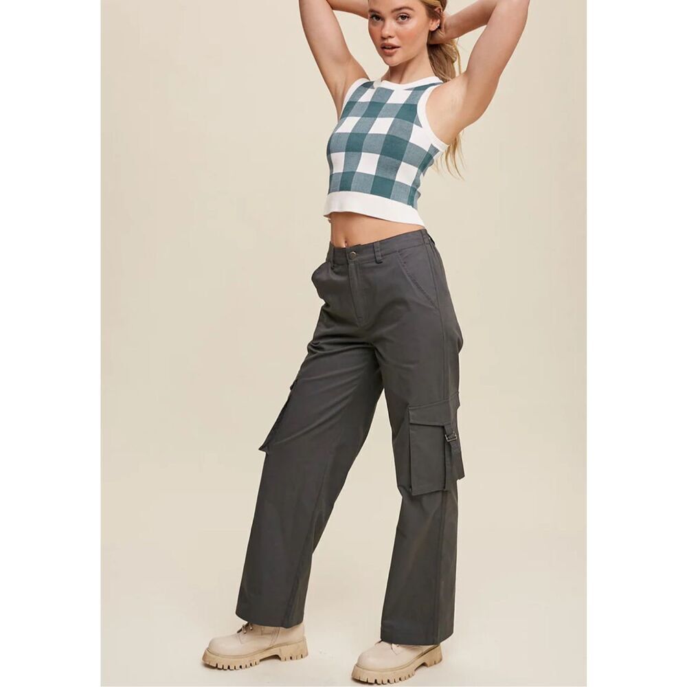 Listicle Womens Flat Front Cotton Straight Cargo Pants Black Charcoal Wash Small